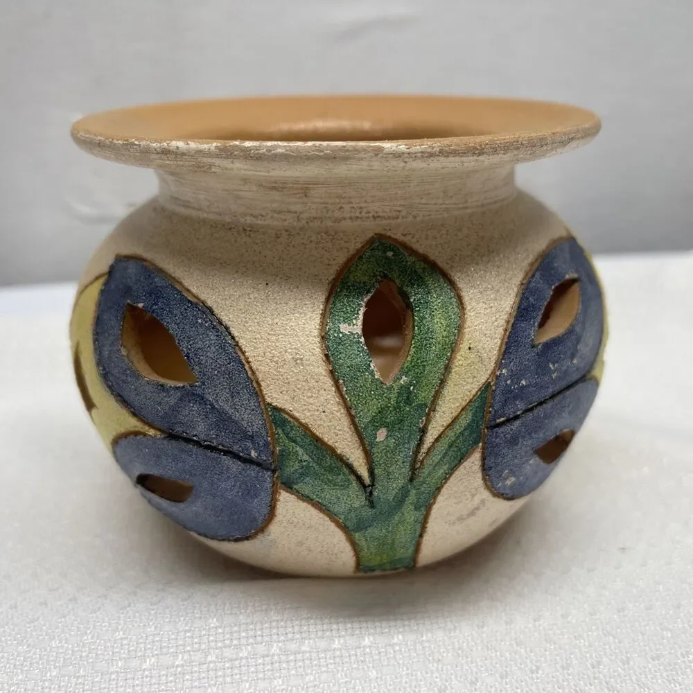 Mexican Art Terra Cotta Pottery Hand Painted Pierced 4